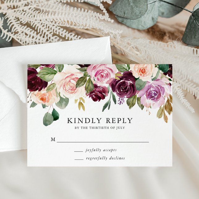 Cartão RSVP Rustic Pink Burgundy e Purple Floral Weds (Criador carregado)