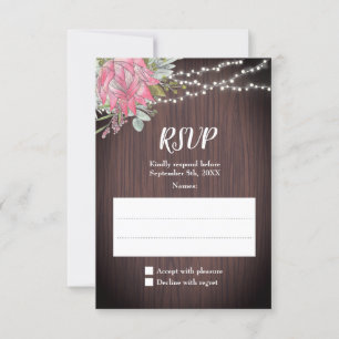Cartão RSVP Rustic Protea Eucalyptus Luz Casamento De Madeira