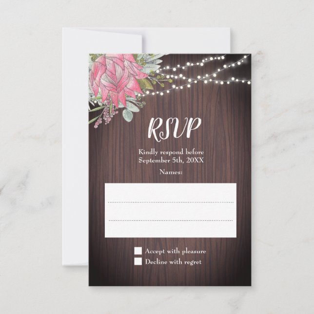 Cartão RSVP Rustic Protea Eucalyptus Luz Casamento De Madeira (Frente)