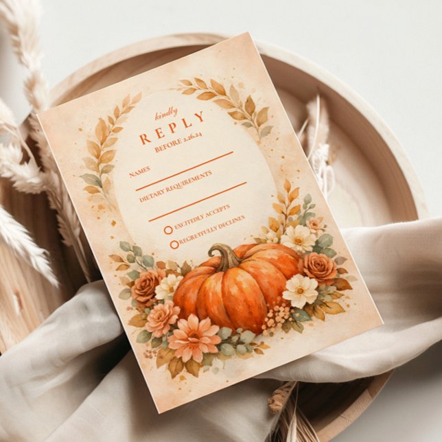 Cartão RSVP Rustic Pumpkin Floral Fall Wedding (Criador carregado)