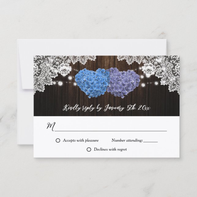 Cartão RSVP Rustic Purple and Blue Floral Wedding (Frente)