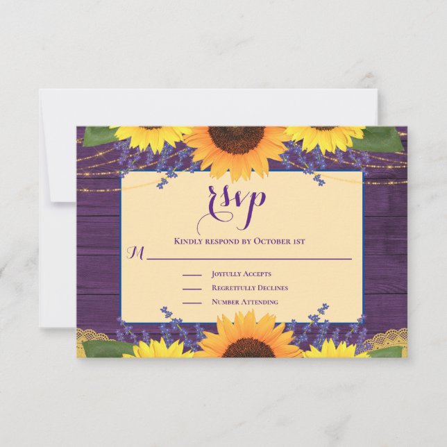 Cartão RSVP Rustic Purple Dourado Lace Sunflower Casamento RSV (Frente)