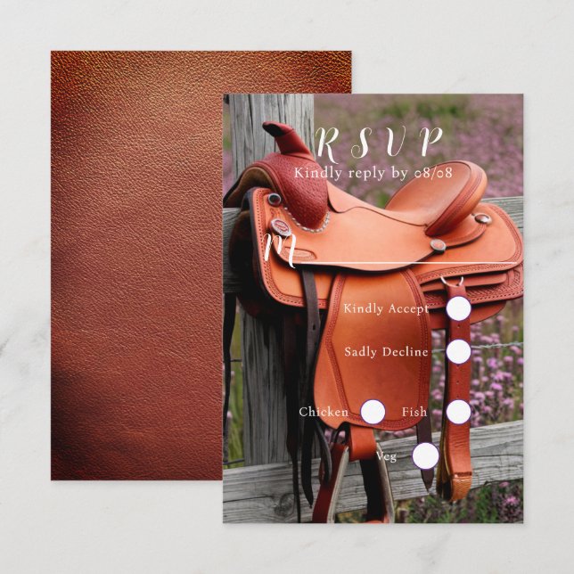 Cartão RSVP Rustic Romance: Saddle na cerca (Frente/Verso)