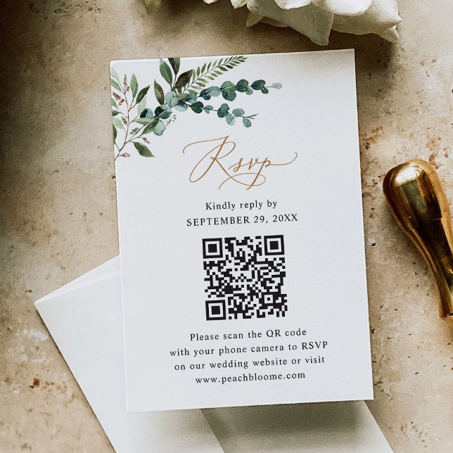 Cartão RSVP Rustic Sage Code Greenery Dourado Casamento (Criador carregado)