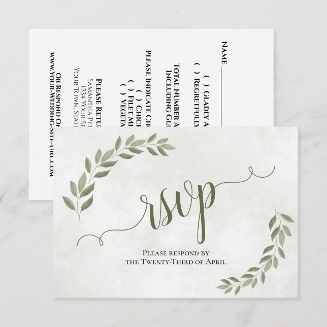 Cartão RSVP Rustic Sage Green deixa casamento simples (Frente/Verso)