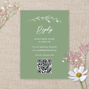 Cartão RSVP Rustic Sage Green Wildflower Código QR Casamento