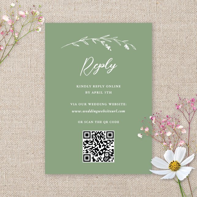 Cartão RSVP Rustic Sage Green Wildflower Código QR Casamento (Criador carregado)