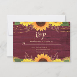 Cartão RSVP Rustic Sunflower Burgundy Dourada Lace Casamento R