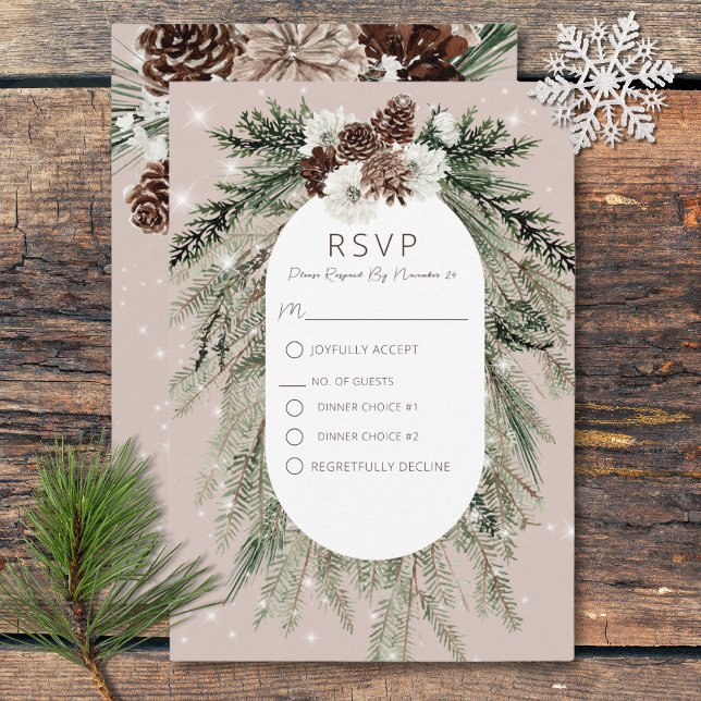 Cartão RSVP Rustic Tan Pine Winter Sparkle Dois Janto (Criador carregado)