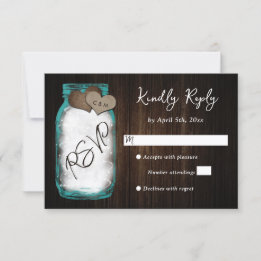 Cartão RSVP Rustic Teal Mason Jar Wood Wedding