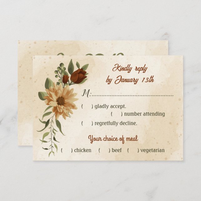 Cartão RSVP rustic terracotta floral seleção de farinha botâni (Frente/Verso)