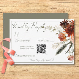 Cartão RSVP Rustic Terracotta Rust Flowers Green QR Code
