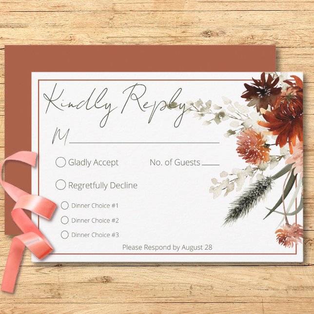 Cartão RSVP Rustic Terracotta Rust Flowers Três Jantas (Rustic Terracotta Rust Flowers Three Dinner RSVP Card)