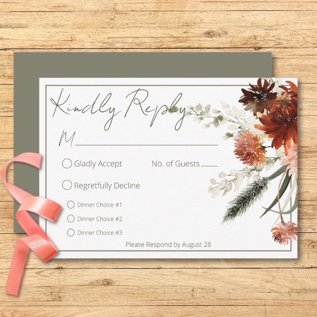Cartão RSVP Rustic Terracotta Rust Flowers Três Jantas Verdes (Rustic Terracotta Rust Flowers Three Dinner Green RSVP Card)