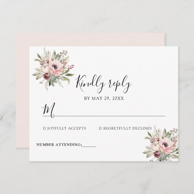 Cartão RSVP rustic watercolor floral bouquet (Frente/Verso)