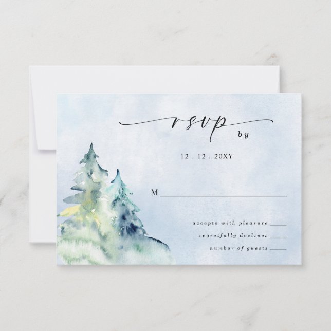 Cartão RSVP Rustic Watercolor Mounts Pine Casamento no inverno (Frente)