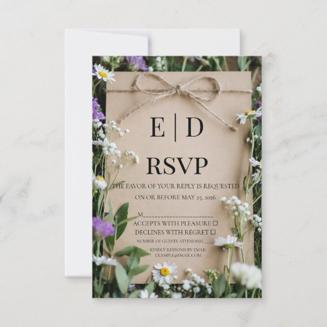 Cartão RSVP Rustic Wildflower Botanical Kraft Paper Wedding (Frente)