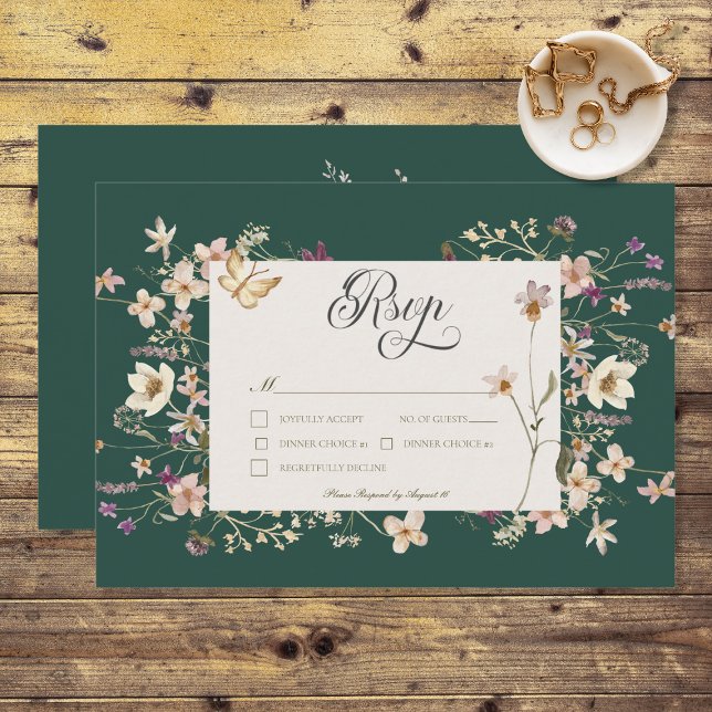 Cartão RSVP Rustic Wildflower Frame Emerald Green (Criador carregado)