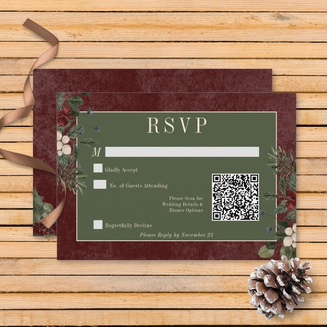 Cartão RSVP Rustic Winter Berries & Pine Burgundy Código QR (Rustic Winter Berries & Pine Burgundy Wedding Response Card with QR Code)