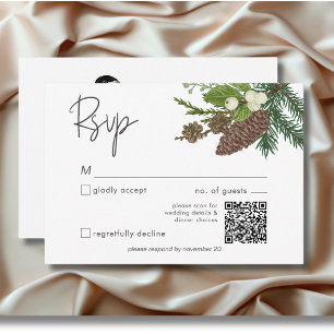 Cartão RSVP Rustic Winter Nature & Pine QR Code