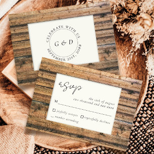 Cartão RSVP Rustic Wood Black White Ivory Elegant Casamento El