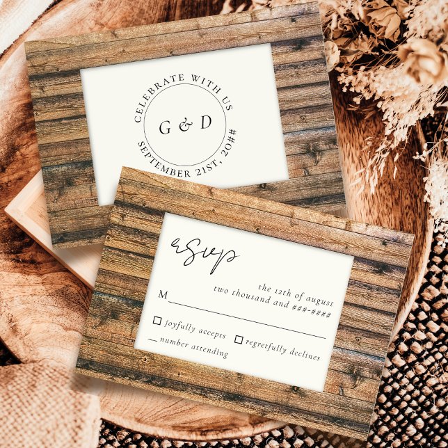 Cartão RSVP Rustic Wood Black White Ivory Elegant Casamento El (Criador carregado)