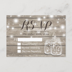 Cartão RSVP Rustic Wood & Mason Jar String Luzes Casamento RSV