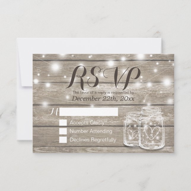 Cartão RSVP Rustic Wood & Mason Jar String Luzes Casamento RSV (Frente)