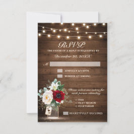 Cartão RSVP Rustic Wood String Luzes Borgonha Casamento Floral