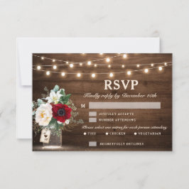 Cartão RSVP Rustic Wood String Luzes Borgonha Casamento Floral