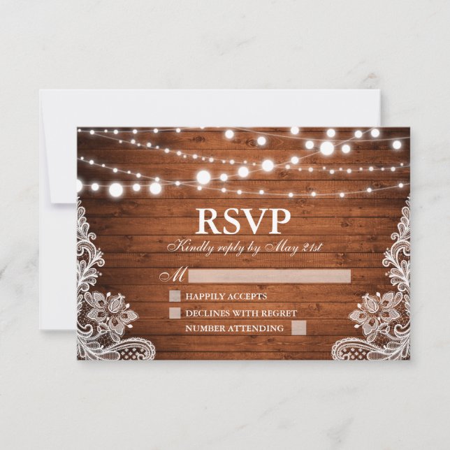 Cartão RSVP Rustic Wood String Luzes Lace Casamento (Frente)