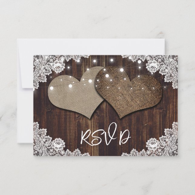 Cartão RSVP Rustic Wood String Luzes Lace Casamento (Frente)
