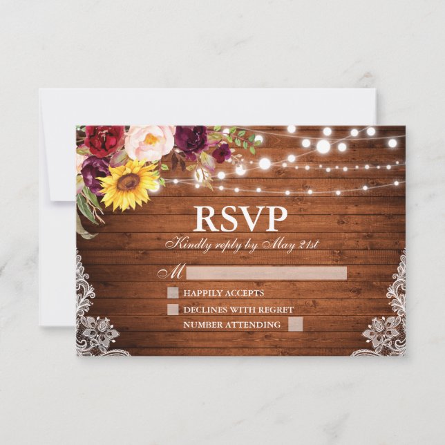 Cartão RSVP Rustic Wood String Luzes Lace Casamento Floral (Frente)