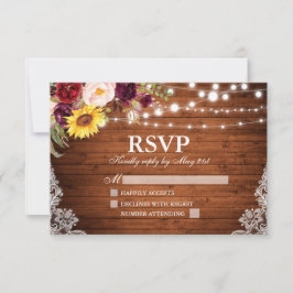 Cartão RSVP Rustic Wood String Luzes Lace Casamento Floral