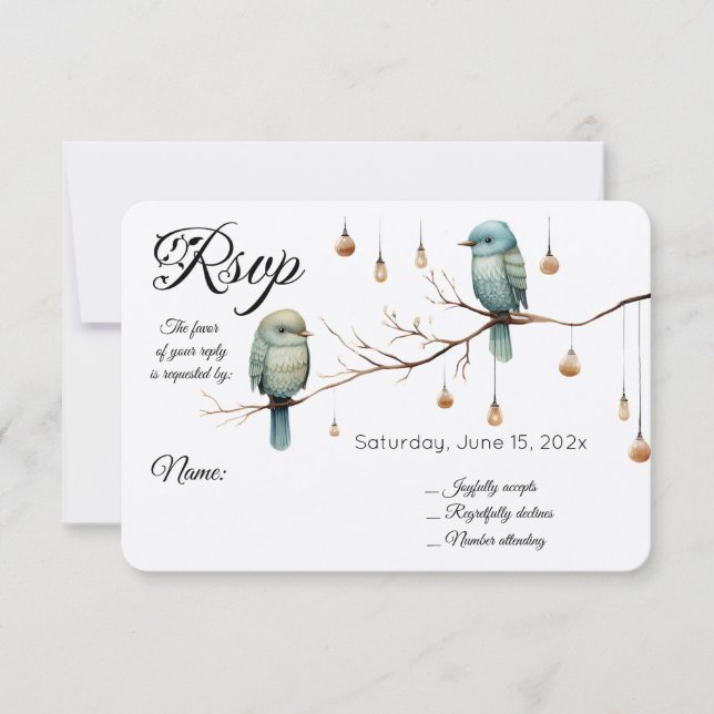 Cartão RSVP Rustic Woodland Love Birds Casamento Romântico (Frente)