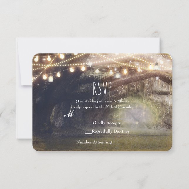 Cartão RSVP Rustic Woods Encantado Forest Lights Casamento RSV (Frente)