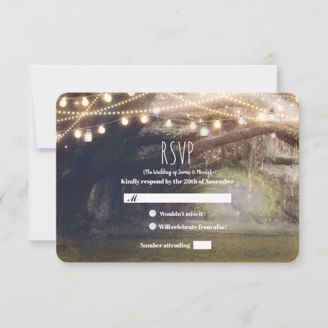 Cartão RSVP Rustic Woods Encantado Forest Lights Casamento RSV (Frente)