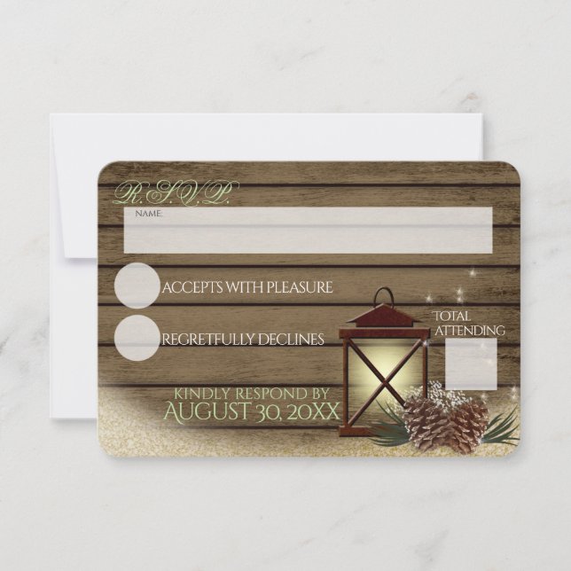 Cartão RSVP Rústica Madeira de inverno e Lanterna (Frente)