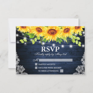 Cartão RSVP Rústico Girassol Floral Azul Madeira Luzes Lace RS