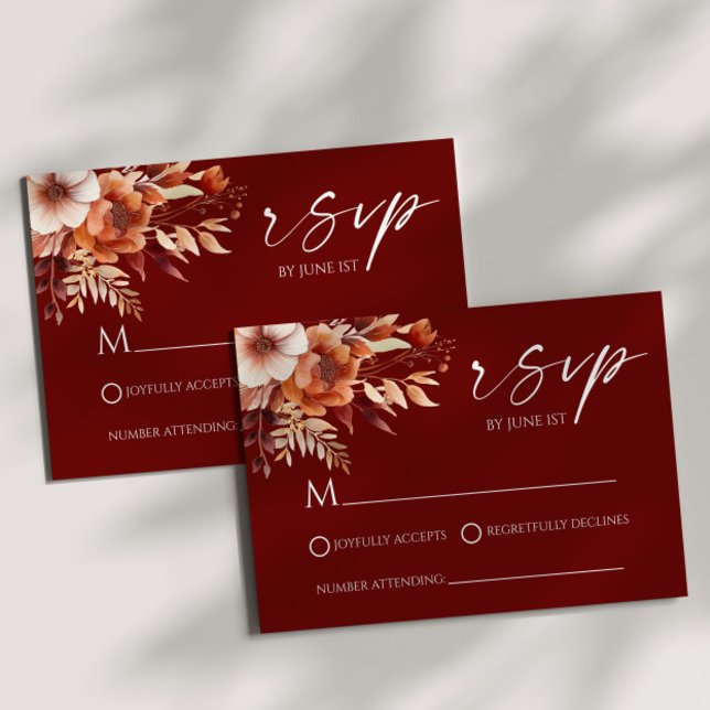 Cartão RSVP Rusty Burgundy Brown Floral Flower Garden Wedding (Criador carregado)