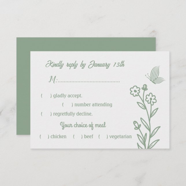 Cartão RSVP Sage elegante romântico casamento floral verde (Frente/Verso)