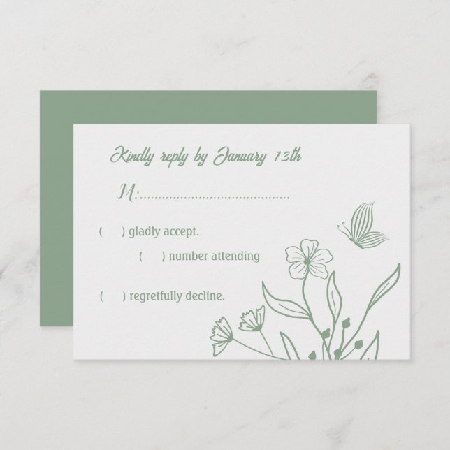 Cartão RSVP Sage elegante romântico casamento floral verde (Frente/Verso)