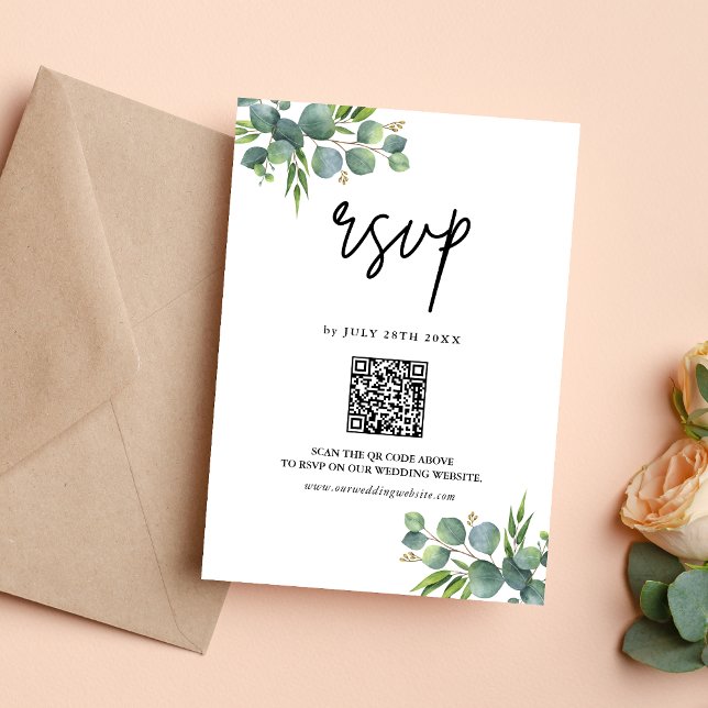 Cartão RSVP Sage Eucalyptus Woodland Casamento Código QR (Criador carregado)