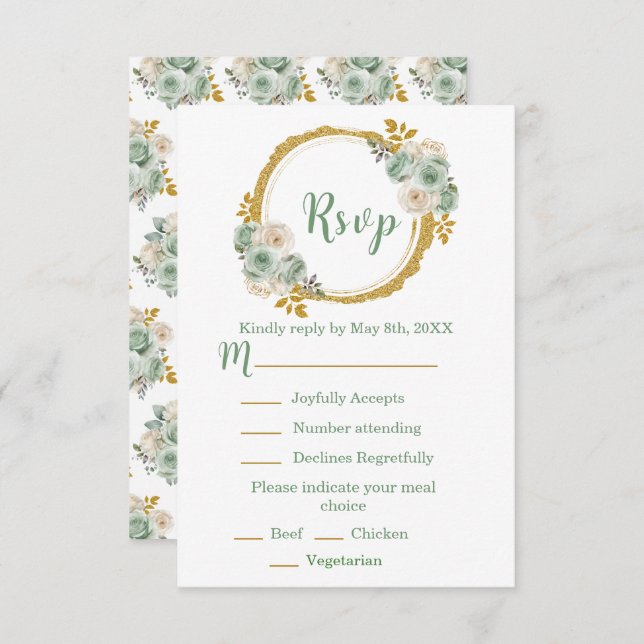 Cartão RSVP Sage Green and Gold Elegant Flowers Sweet Sixteen (Frente/Verso)