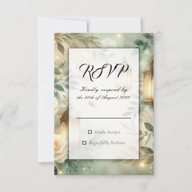 Cartão RSVP Sage Green and Ivory Rose Lantern Wedding (Frente)