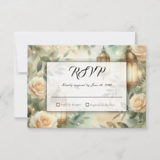 Cartão RSVP Sage Green and Ivory Rose Lantern Wedding 