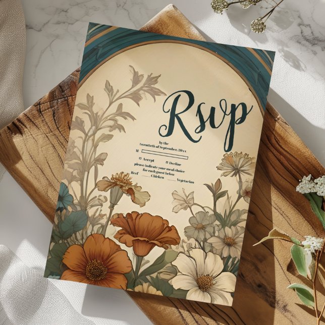 Cartão RSVP Sage Green Art Nouveau Alphonse Mucha Casamento (Criador carregado)