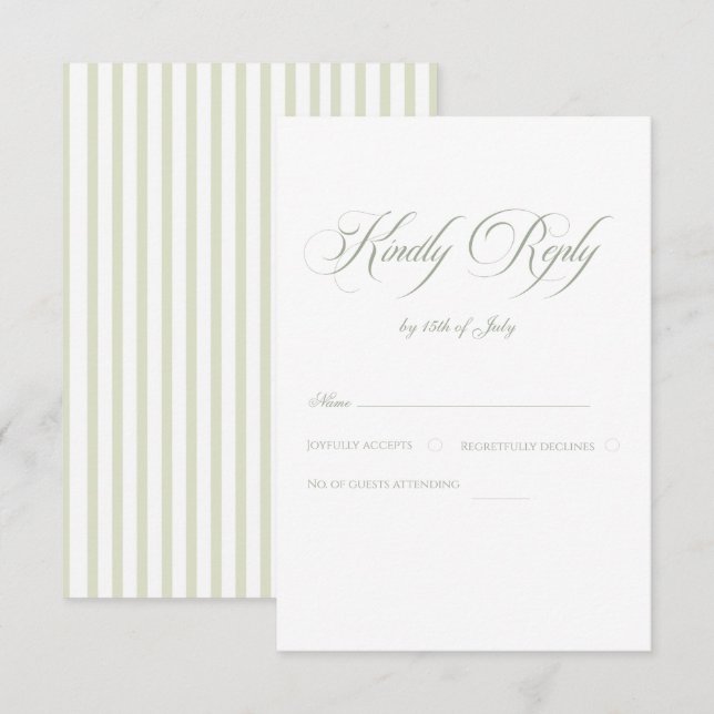 Cartão RSVP Sage Green & Blue Striped Elegant Classic Wedding  (Frente/Verso)