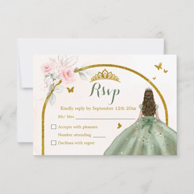 Cartão RSVP Sage Green Blush Rosa Princesa Rosa Quinceañera (Frente)