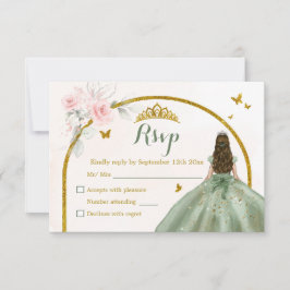Cartão RSVP Sage Green Blush Rosa Princesa Rosa Quinceañera
